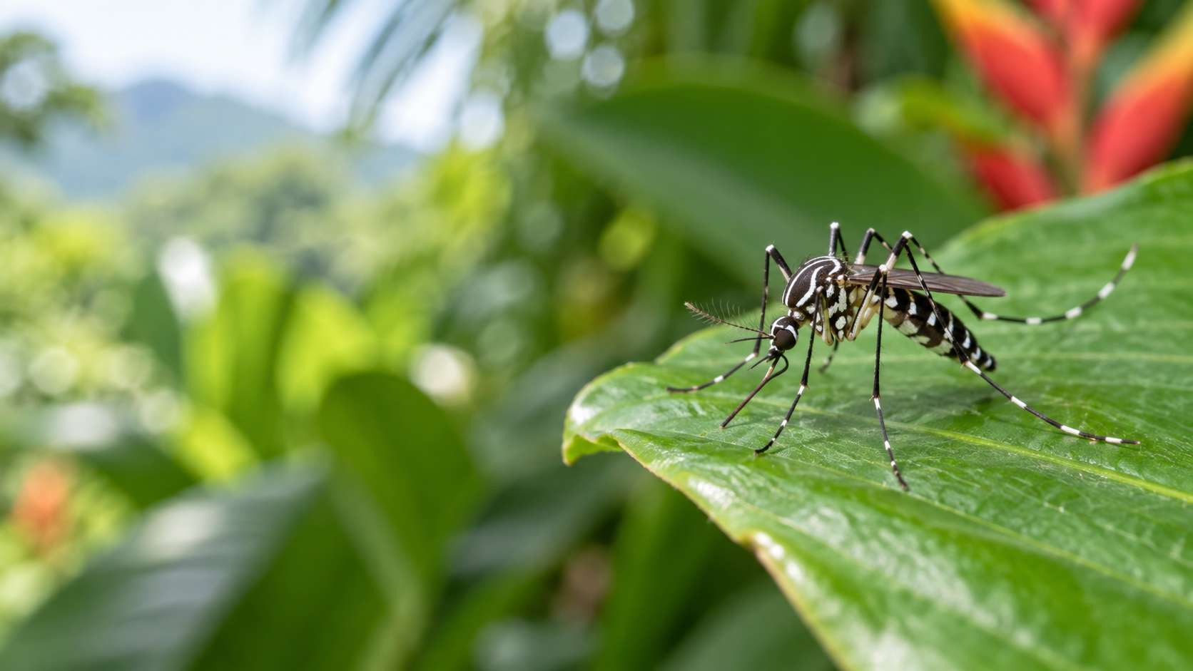Aedes aegypti mosquito with white-striped legs resting on a tropical leaf